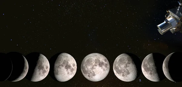 Surveillance phases of the Moon: waxing crescent, first quarter, waxing gibbous, full moon, waning gibbous, third guarter, waning crescent, new moon. Elements of this image furnished by NASA.