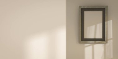 dikey boş resim çerçevesi. Geniş sınır gölgesi olan gerçekçi kağıt çerçeve altlığı. Bej duvar arkaplanındaki model şablonu ve pencerenin gölgeleri. Duvardaki boşluğu kopyala. kağıt dokusu