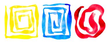 Beyaz arkaplanda izole edilmiş kare ve daire spiralleri ile suluboya el yapımı soyut süs. Üç tasarım elemanı seti. EPS 10 vektörü.