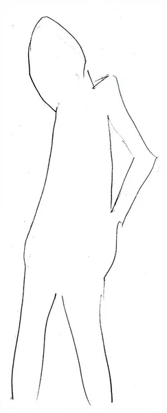 一个身材苗条的年轻女子的铅笔素描站在她的肘部 在白色背景上孤立的抽象肖像 — 图库照片