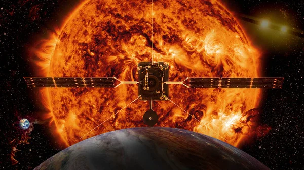 Exploración Del Universo Nave Espacial Aterriza Júpiter Planeta Tierra Visible — Foto de Stock
