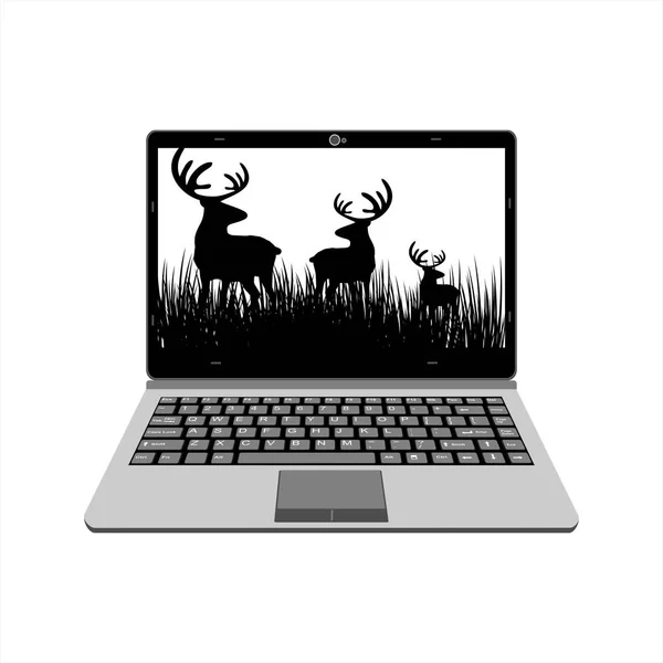 Realistische laptop vector illustratie weergave herten wild leven video- — Stockvector