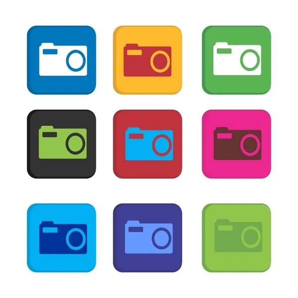 Establecer colorido cámara de fotos y grabadora de vídeo o el icono del reproductor de películas para la aplicación de teléfono inteligente y el icono web — Vector de stock