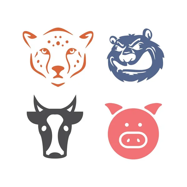 Set Tiger, Bär, Kuh und Schweinekopf Vektor-Logo und Illustration — Stockvektor