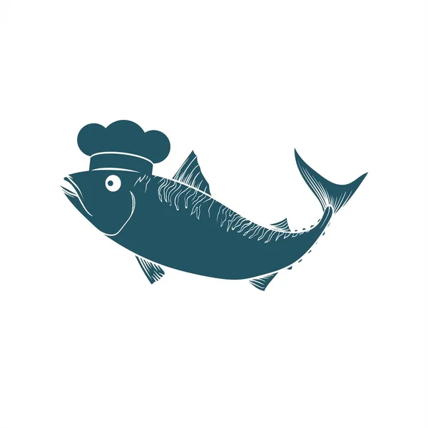 Comida de mar chef pescado restaurante mascota o logotipo de carácter e ilustración vectorial — Vector de stock