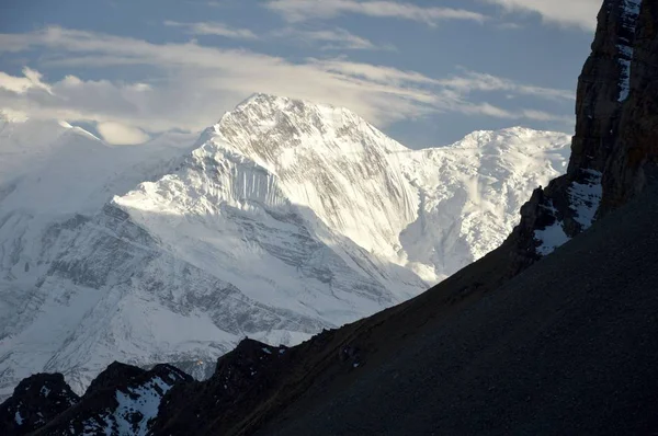 Pieken Zonsondergang Bij Thorung Pass Het Dorp Thorong Phedi 4450 — Stockfoto