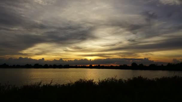 移動する雲の後ろのタイムラプスサンセット 沼地の上に美しい黄金の光を与える — ストック動画