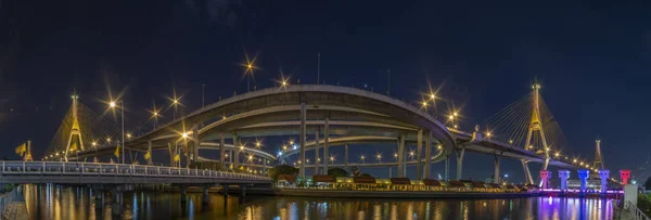 Bhumibol Bridge Chao Phraya River Bridge Turn Lights Many Colors — Stock Photo, Image