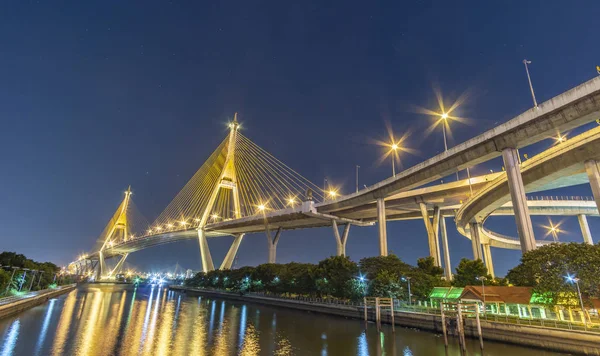 Bhumibol Bridge Chao Phraya River Bridge Turn Lights Many Colors — Stock Photo, Image