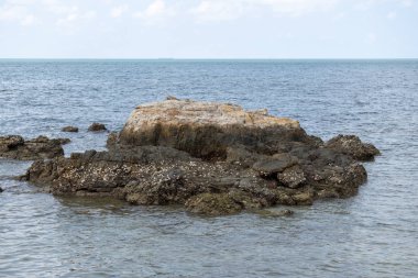 Mavi denizde kahverengi kayalar, öğlen deniz