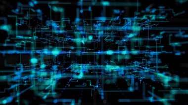 3d illüstrasyon, 3d render, soyut geometrik arka plan, Blue Line ve Bokeh teknolojisi, mimari tasarım şeması, Büyük Veri bağlantısı