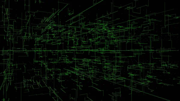 3D 일러스트레이션, 3D 렌더링, 추상기하학적 배경, 그린 라인 기술, 건축 설계 차트, 빅 데이터 연결 — 스톡 사진