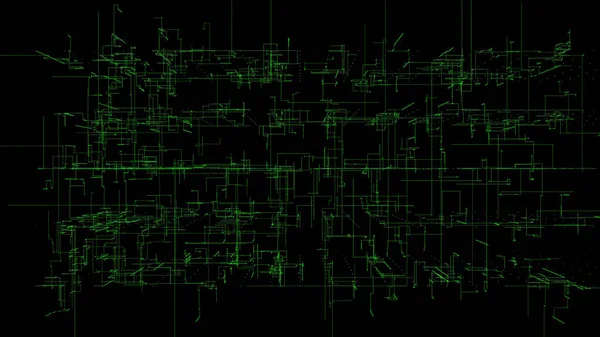 3D 일러스트레이션, 3D 렌더링, 추상기하학적 배경, 그린 라인 기술, 건축 설계 차트, 빅 데이터 연결 — 스톡 사진