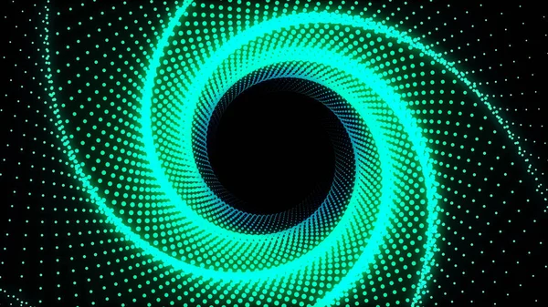 3D Illustration, yeşil noktalar çizgilerle sıralanmış bir pantagon boru olana kadar bir araya geldi ve aynı daire kadar bükülmüş.