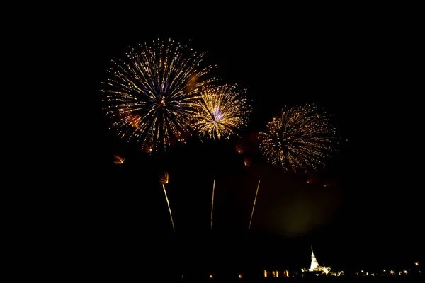 Huge Colorful Fireworks Rice Fields Dusk — Stock Photo, Image