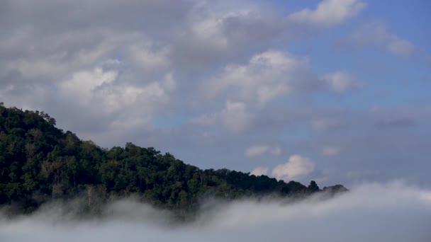 Beweging Van Mist Door Bergen Ochtend Cumulus Wolken Volgen Wind — Stockvideo