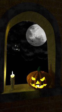 3D illüstrasyon, 3D görüntü, Cadılar Bayramı Balkabağı Jack Baş Lambası pencerede dolunayla