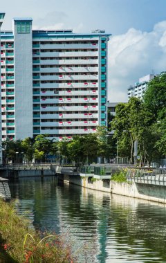 Singapur-22 Temmuz 2017:Singapur Rochor kanalı ve HDB bina cephe görünümü