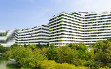 Singapur-23 Mar 2019:Singapur Punggol alan Su teras konut bina cephe