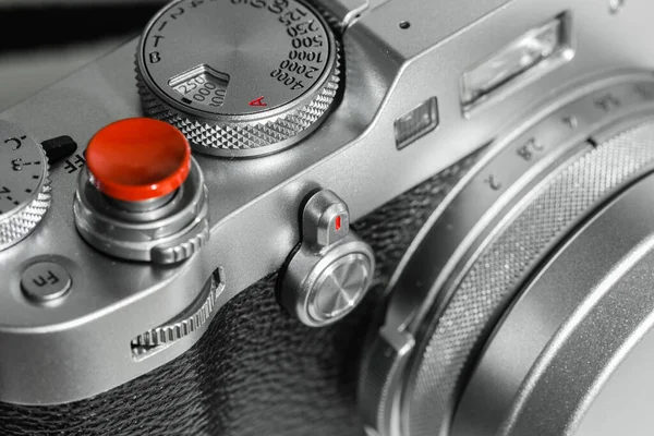 Silver color camera shutter button and dial closeup view — Stock Photo, Image