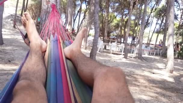 Man Swinging Hammock Pine Forest Legs Feet Closeup — 图库视频影像