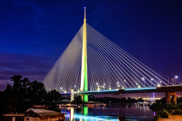 Belgrade Serbia June 2018 Side View Ada Bridge Night Reflection — Stock Photo, Image
