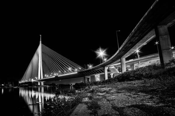 Belgrade Serbia June 2018 Side View Ada Bridge Night Reflection — Stock Photo, Image