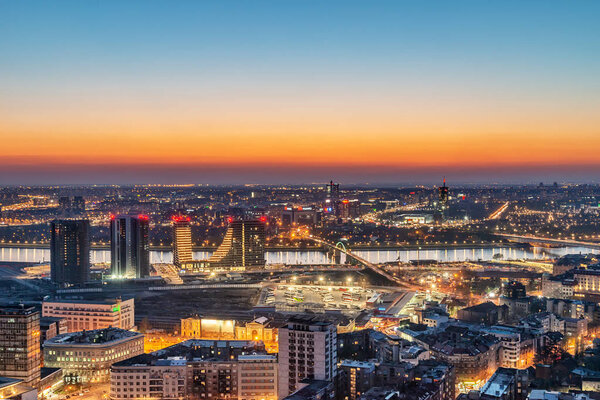 Belgrade, Serbia March 31, 2019: Panorama of Belgrade and New Belgrade, Waterfront Belgrade, Sava river and bridges at twilight.