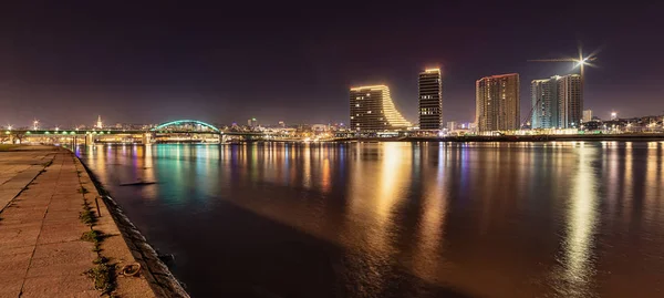 Belgrado Sérvia Fevereiro 2019 Panorama Belgrado Rio Sava Noite Ponte — Fotografia de Stock