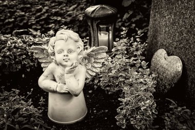 Münih, Almanya - 09 Haziran 2018: Tarihi mezar taşlarıyla Almanya'nın Münih ünlü Batı mezarlığının görünümü.