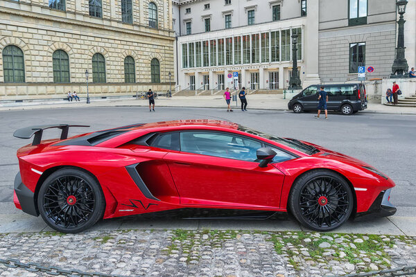 Munich, Germany June 09, 2018: Lamborghini aventador lp 750-4 superveloce car in Max-Joseph-Platz, Munich.