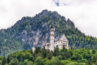Hohenschwangau, Almanya - 10 Haziran 2018: Bavyera Alpleri'ndeki bir dağın tepesinde yer alan pastoral Neuschwanstein Kalesi. Bavyera Kralı Ludwig Ii tarafından yaptırılmıştır.