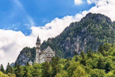 Hohenschwangau, Almanya - 10 Haziran 2018: Bavyera Alpleri'ndeki bir dağın tepesinde yer alan pastoral Neuschwanstein Kalesi. Bavyera Kralı Ludwig Ii tarafından yaptırılmıştır.
