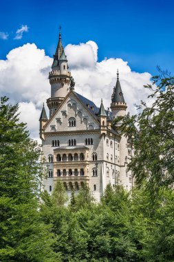 Hohenschwangau, Almanya - 10 Haziran 2018: Bavyera Alpleri'ndeki bir dağın tepesinde yer alan pastoral Neuschwanstein Kalesi. Bavyera Kralı Ludwig Ii tarafından yaptırılmıştır.