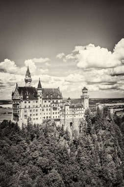 Hohenschwangau, Almanya - 10 Haziran 2018: Bavyera Alpleri'ndeki bir dağın tepesinde yer alan pastoral Neuschwanstein Kalesi. Bavyera Kralı Ludwig Ii tarafından yaptırılmıştır.