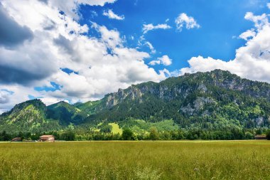 Yeşil çayırlar ve bulutlar ile Alpler'de Pastoral manzara