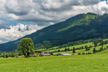 Yeşil çayırlar ve bulutlar ile Alpler'de Pastoral manzara