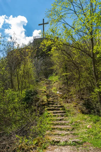 Great Orthodox cross on the mountain (serbian: Sokolske planine) in Serbia. Sokolska planina is a mountain in western Serbia, near the town of Krupanj. Stairs lead to the cross.