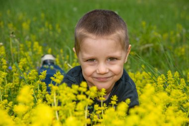Sevimli küçük çocuk çimenler ve çiçekler ve gülerek yalan