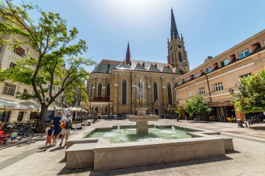 Novi Sad, Sırbistan 13 Haziran 2019: Katolik Katedrali Novi Sad merkezinde Mary Kilisesi ve Katolicka Porta meydanının adı - arka bahçesinde. Novi Sad'ın en güzel çeşmesi.