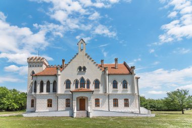 Stari Lec, Sırbistan - Haziran 04, 2020: Kapetanovo, Sırbistan 'ın kuzeydoğusundaki Plandiste belediyesinin Stari Lec köyünde yer alan bir Neo-Gotik şatosu..