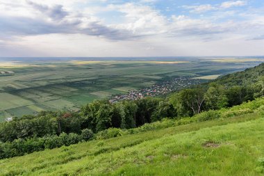 Vrsac Tepesi 'nin tepesinden bak. Orman, tarla ve üzüm bağlarının manzarası