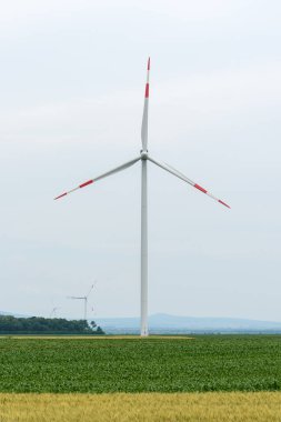 Elektrik üretimi için yel değirmenleri. Gündüz vakti Sırbistan kırsalında açık bir arazide yüksek açılı rüzgar türbinleri görüntüsü