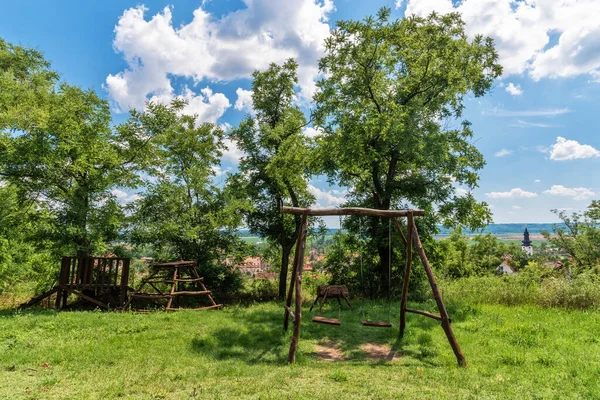 Puste Huśtawki Parku Publicznym Drewniane Place Zabaw Dla Dzieci — Zdjęcie stockowe