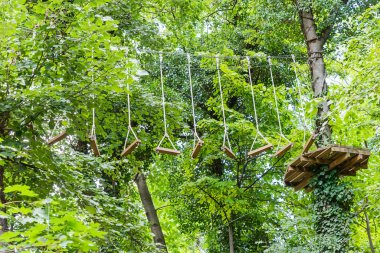 Ağaçlarda engeller olan macera parkı manzarası. Orman, aile memnuniyetine engel oluyor. Doğadaki Adrenalin Parkı
