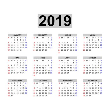 Takvim 2019 şablonu. Takvim tasarımı siyah ve beyaz renklerde, tatil kırmızı renklerde.