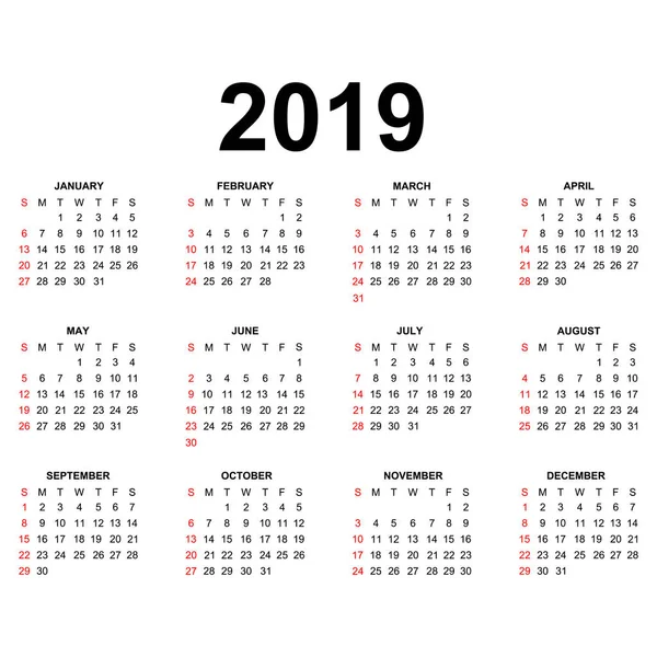 Modèle Calendrier 2019 Calendrier Design Couleurs Noir Blanc Vacances Couleurs — Image vectorielle