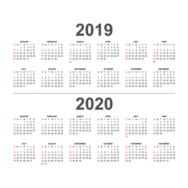 Kalendář 2019 2020 Šablona Svátky Červených Barvách Týden Začíná Neděle — Stockový vektor