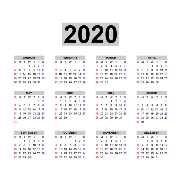 Kalendervorlage 2020 Kalenderdesign Schwarz Weißen Farben Feiertage Roten Farben Woche — Stockvektor