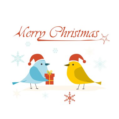 Neşeli Noel ve mutlu yeni yıl yazıt ile kış arka plan kuşlarda. Vektör çizim